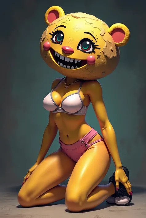 anime, Toy Chica from Five Nights at Freddys, kneeling,  costume with a large rock to replace her head,  with arms extended,  long legs ,  big thighs , Its not scary ,  anime style , Pink panties, WHITE bra, white toe black shoes, yellow skin