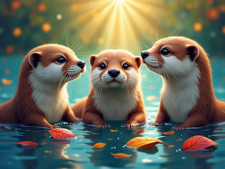 three otters in the water with colorful leaves on them, cute otter, fantasy otter love, otter, river otter dragon, cool looking, radiant morning light, john banovich, jen bartel, serene expression, magical scene, animal painting, acrylic art, by david rubí...