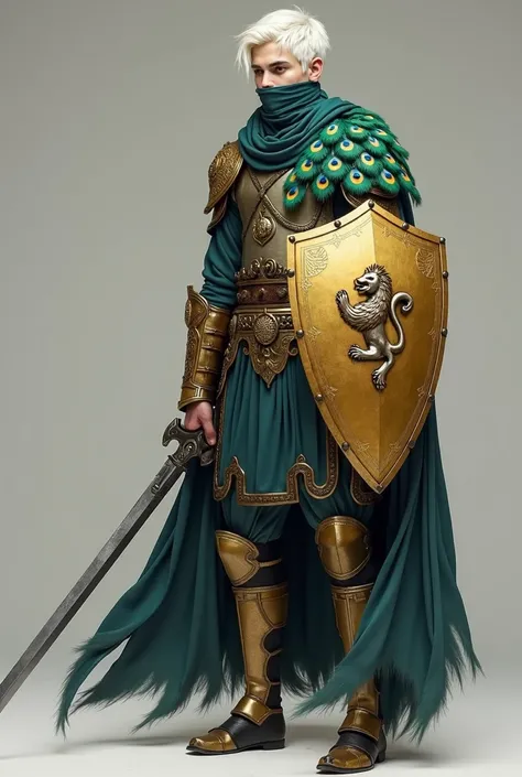 Full-length image of a young man with pale skin and white hair dressed in a tunic that imitates the plumage of a peacock covering his mouth and nose, armed with a straight, thin sword with gold decorations and armed with a golden shield with the symbol of ...