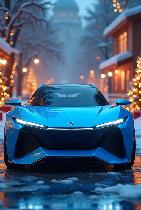  a blue wave fit car that says Leonardo the mere bull and that appears in a Christmas landscape