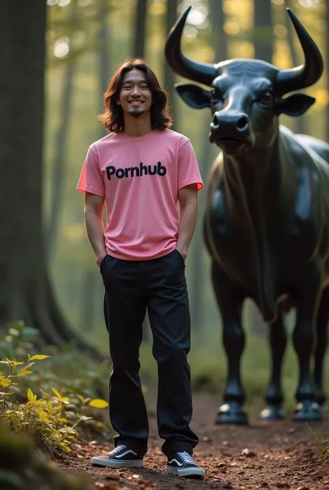  A handsome Korean man with long hair smiles, wearing a pink T-shirt emblazoned with  "Pornhub" trousers and sneakers vans ,  are standing in the middle of a dark forest ,  there is a statue of a dark forest reflection Bull with the reflection of sunlight ...