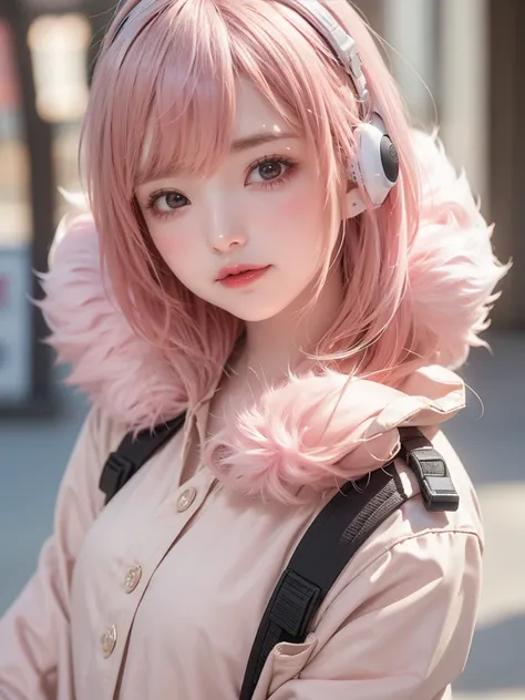  Ultra HD, masterpiece,  a girl, [22 years old,  Korean Girl, (short head, Sloppy_head, Light pink head),  Thick Padded Jacket , SONY Headphones ,  Eyes Closed , smile lightly,  upper body,