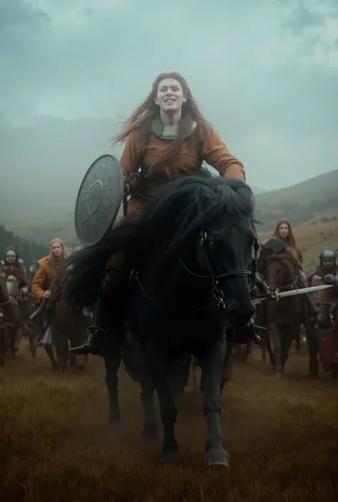 A Viking queen invades the Scottish Highlands. Queen Astrid is beautiful with long red hair and wearing brave battle makeup. She rides her black horse and charges at the head of the Vikings with a sword and round shield. She is wearing leather armor. The l...