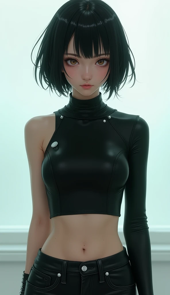 Japanese girl with short mushroom hair in black sports top with leather pants 