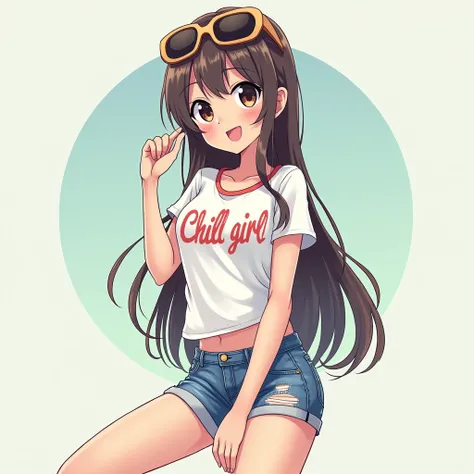 Create a “just a chill girl” that looks sexy and is relaxing meme, she’s wearing a tshirt, sunglasses, and jean shorts; make her smile and anime,  1girl, Solo, High Resolution, Long Hair, Breasts, Looking at viewer, put “chill girl” as a logo