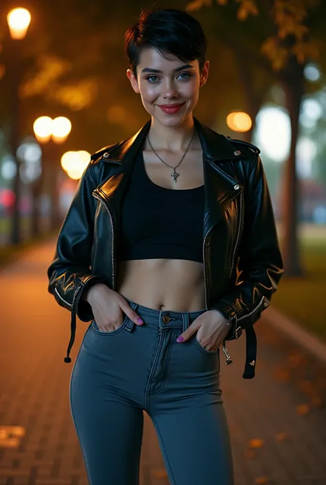  A girl with very white skin and black hair with a Pixie-style cut .  measures approximately 1 . 70 METERS,  with an athletic and attractive physique . She has large but toned .
  Her eyes have a bright fuchsia iris . She is wearing gray tights that reveal...