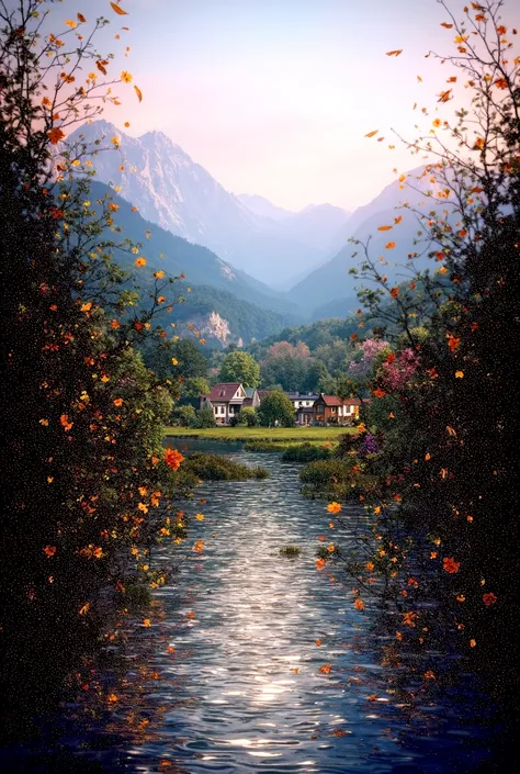  Small village by the river, mountains behind, colorful flowers, detailed landscapes, beautiful natural scenery, atmospheric lighting, scorching sunsets, warm colors, practical photography, detailed leaves, complex buildings, cobbled streets, charming coun...