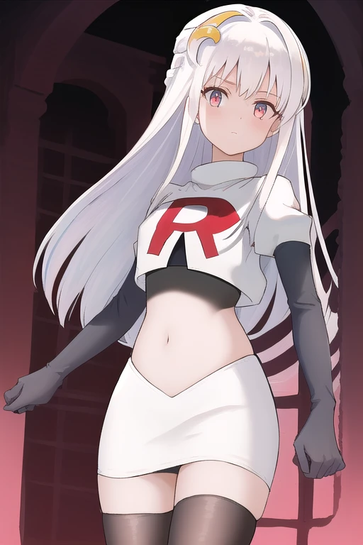 masterpiece, best quality, highres, 1girl, dia viekone, white hair, crescent hair ornament, team rocket,team rocket uniform,white skirt,red letter R,crop top,black thigh-highs,black elbow gloves, cowboy shot