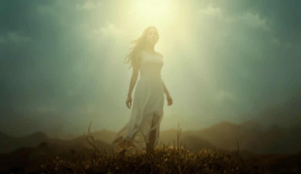 Scene Description:
The woman stands defiantly on a windy hilltop, her hair and dress flowing, as storm clouds loom in the distance but sunlight breaks through above her.
Surrounding Details:
A rugged hilltop with grass and rocks, dark clouds threatening ra...