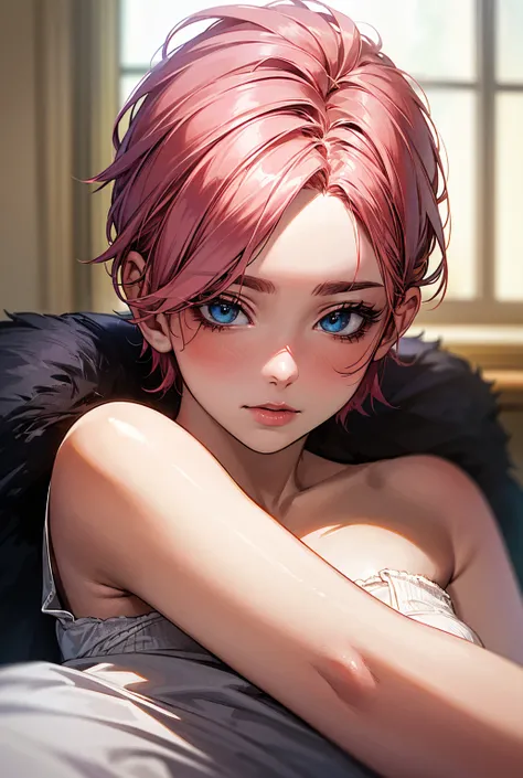 (masterpiece: 1.2,  top quality ),  realistic , ( realistic  Picture,  complicated details,  depth of field ),  top quality , masterpiece,  very detailed, Semi  realistic ,  1 girl,  mature woman, 21 years old,  pink short hair, The left eye is covered by ...