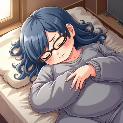 Great Buddha(woman)、Chubby body、Im wearing glasses、 hair with terrible sleeping habits、Hair Color(blue)、 Top and Bottom Sweat (grey)、、Sleeping on your back、、Background with kotatsu 、 Japanese Room Background 、 anime style to cover left eye 