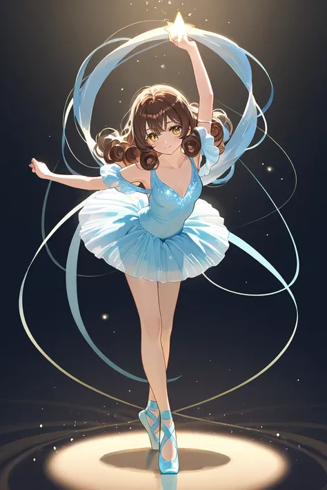 A girl that is a ballerina. She has long curly brown haired with shinny golden eyes holding light blue ballet slippers. There is magic flowing and stars surrounding her. She is brave and smiling. 