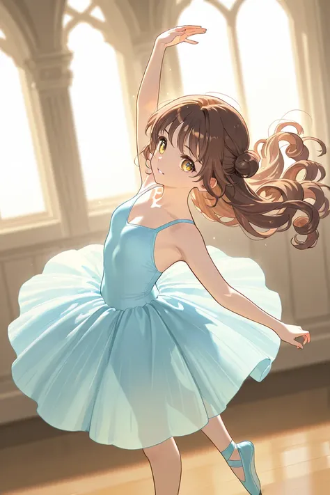 A girl that is a ballerina. She has long curly brown haired with shinny golden eyes holding light blue ballet slippers. There is magic flowing and stars surrounding her. She is brave and smiling. 