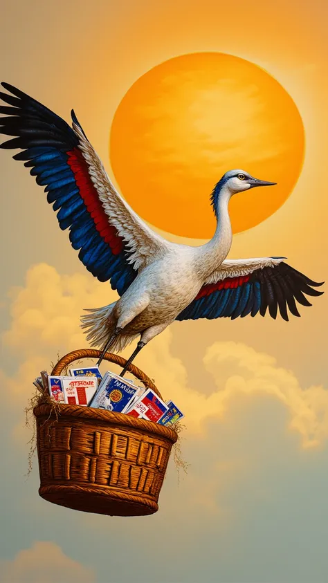 Closer-up Crane Flying Crane carrying a basket The crane flies with a large basket. The basket is full of postcards. The basket reads, "Happy New Year." The background expresses the sun rising on the horizontal line