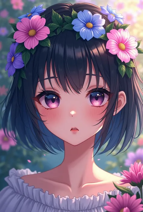 Anime girl with short dark hair with hortensia flowers in the background 