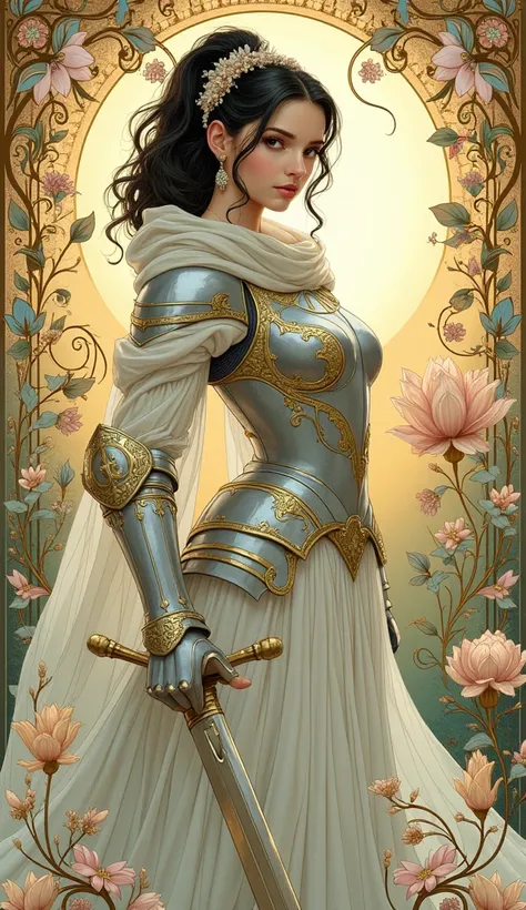 
“Create a highly detailed, Art Nouveau-style illustration inspired by Alphonse Mucha, featuring an elegant and powerful young female knight. The girl is dressed in a modern, sleek interpretation of medieval armor, with flowing elements that blend seamless...