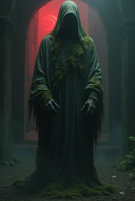  sad background, Stature-like ,  moss covering , SCP icon visible, SCP Logo,  dark,  reddish light in the background, Statue is mysterious , SCP Logo, creepy, original SCP Logo, SCP Foundation Logo, Male statue,  mysterious 