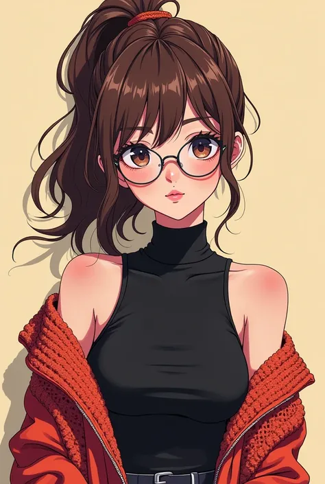  Generate a 21-year-old woman ,  with ponytail hairstyle ,  brown hair color,  black top with a crocheted trench coat,  black sneakers ,  she has round lenses ,
Generate in anime style 