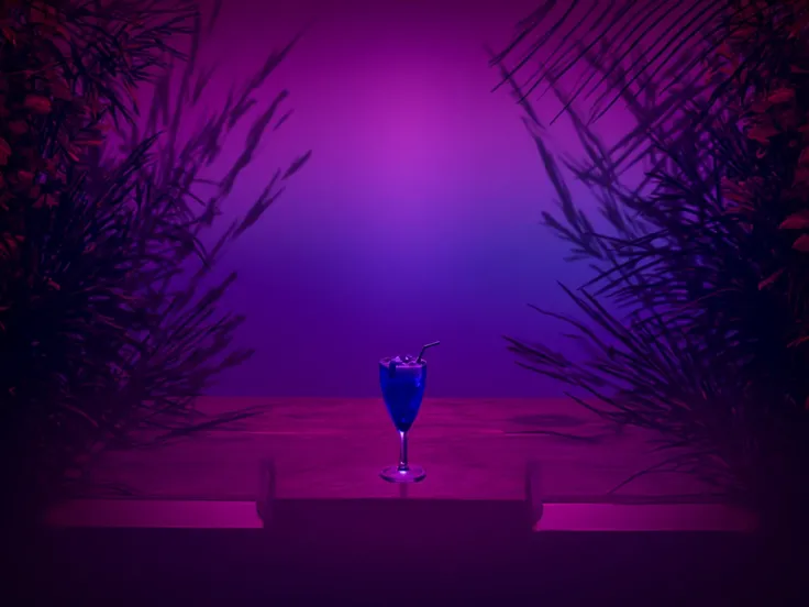 1980s bar table with palms decoration, blue cocktail and neon lights
