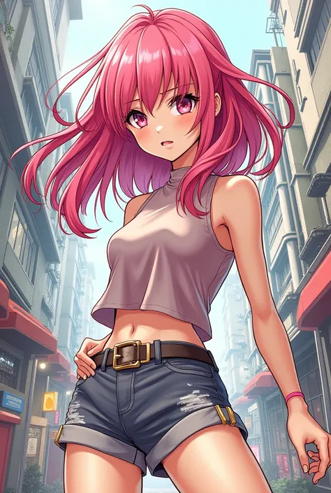 In anime version Create a manga type story female character pink hair says？