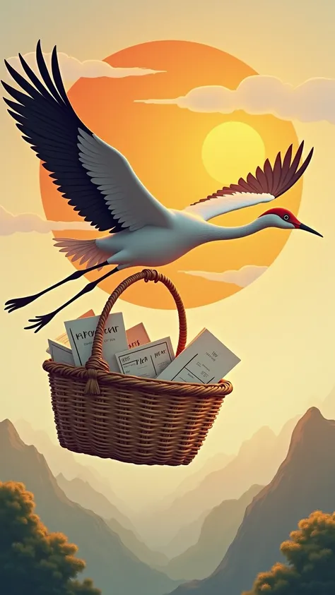 Closer-up Crane Flying Crane carrying a basket The crane flies with a large basket. The basket is full of postcards. The basket reads, "Happy New Year." The background expresses the sun rising on the horizontal line