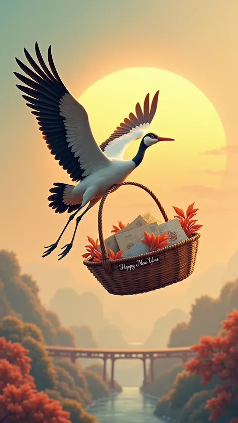 Closer-up Crane Flying Crane carrying a basket The crane flies with a large basket. The basket is full of postcards. The basket reads, "Happy New Year." The background expresses the sun rising on the horizontal line