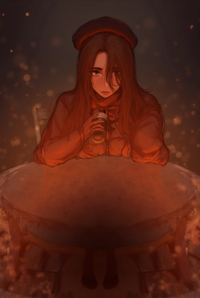  Create a wallpaper of a female character drinking hot chocolate on a round wooden table with a white tablecloth with patterns, a wooden chair , near a bonfire, wearing a brown coat ,  a brown beret , black stockings, tacones negros,  long hair, straight a...