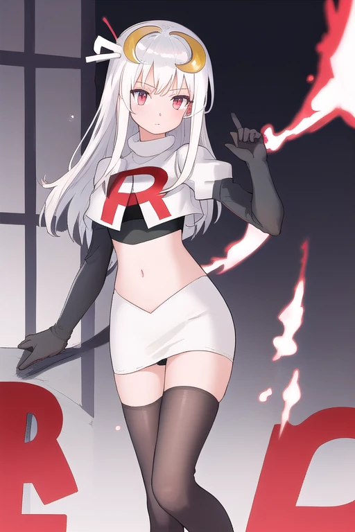 masterpiece, best quality, highres, 1girl, dia viekone, white hair, crescent hair ornament, team rocket,team rocket uniform,white skirt,red letter R,crop top,black thigh-highs,black elbow gloves, cowboy shot