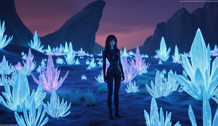 a beautiful woman on an alien planet where the landscape is filled with bioluminescent plants and crystalline structures is dressed in a futuristic and sexy spacesuit