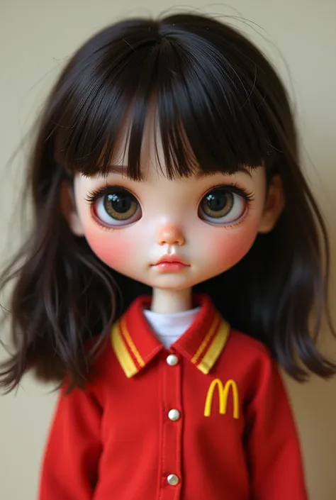  Asian Blythe doll 、 with medium short straight hair、 with bangs that adorn the face 。 in a soft alternative style 、Wearing a McDonald&#39;s uniform。 dark brown hair 、Black eyes 、 white skin、 plump cheeks 、 pink lips、