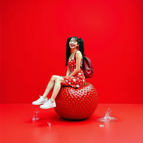 displays a real studio photo, very detailed, a beautiful Korean woman with twin-bum hair, wearing a Strawberry red dress with white floral motifs, a white sneaker backpack, sitting posing like a model on a very large Strawberry red fruit, there are splashe...