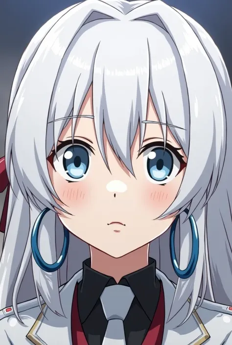 anime girl with long hair and big earrings staring at camera, jormungand anime, white haired deity, female anime character, anime character, silver hair girl, shiro from deadman wonderland, killy from blame!, girl with white hair, cel shaded anime, girl si...