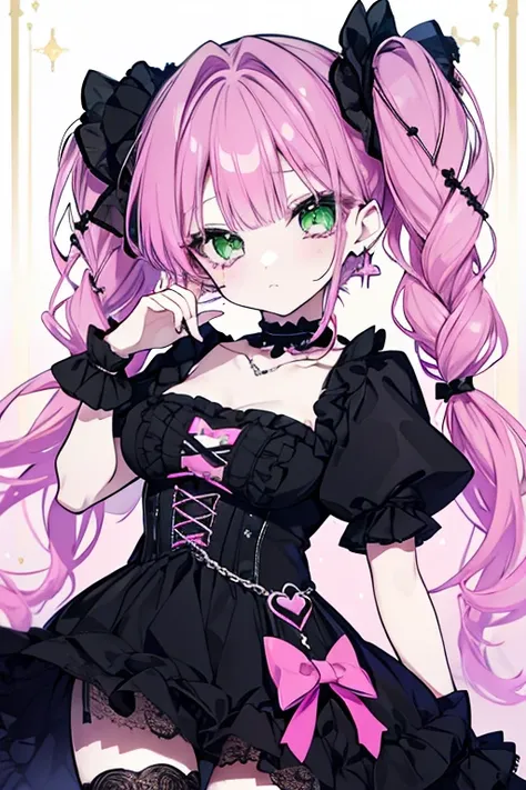  Emerald Green Eyes 、Deep Purple and Pink Hair 、 twin tails、Two braids、Earrings、Diva、 Gothic Lolita 、 lace fabric、 choker 、 cool girl 、 cool costume 、セクシーな Gothic Lolita ドレス、Miniskirt、 Beautiful Woman with a Crisp Face 