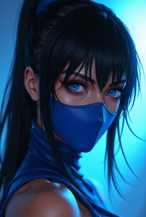 kitana, mortal kombat,  black hair,  long hair, blue suit, Blue mouth cover. limelight, rostro, retrato,  HIGH QUALITY,  details 