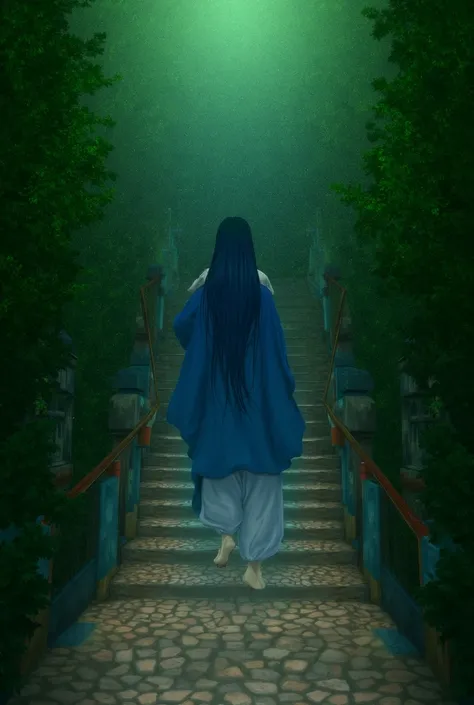 A person with long hair ,  dressed in a blue robe and white pants ,  is climbing an outdoor staircase surrounded by lush vegetation .  The staircase has unique characteristics with its cobblestone steps and a distinctive pattern ,  flanked by rustic wooden...