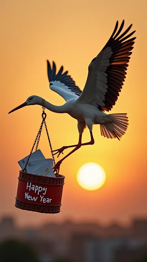 It takes a close-up shot of a flying crane with the basket hanging around its neck. The basket is full of postcards. The basket reads, "Happy New Year." The background is depicting the sun rising on the horizon