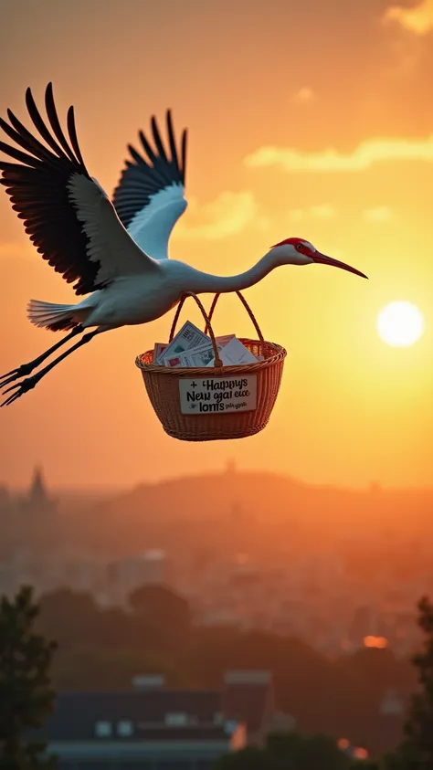 It takes a close-up shot of a flying crane with the basket hanging around its neck. The basket is full of postcards. The basket reads, "Happy New Year." The background is depicting the sun rising on the horizon