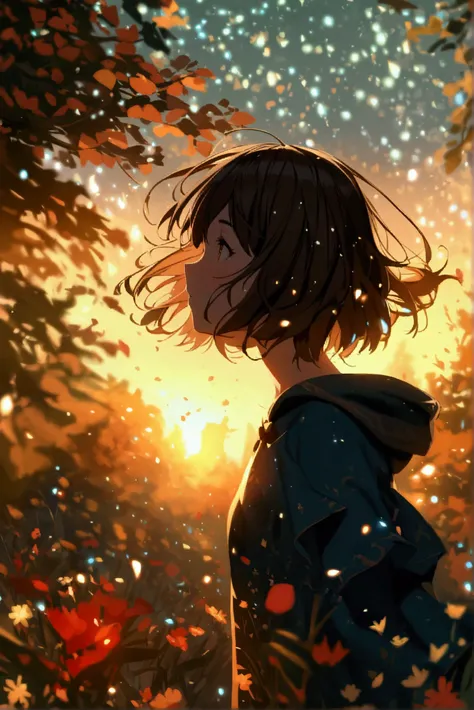 short hair girl. brown hair color. running through a park on a starry night. from one side. Brillar, Borroso.