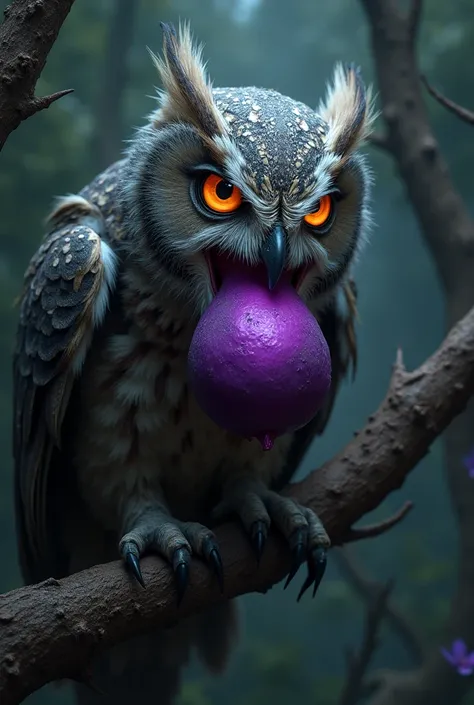 Old and aggressive female owl with fiery eyes eating a purple fruit