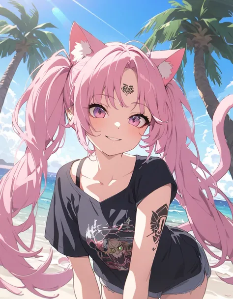  pink twin-tail long hair、 cyberpunk style short clothes、Hissing , tattoo, Wild,  beautiful female with cat ears 、 I looked at 、 、 light smile 、 ocean side 、Palm tree
