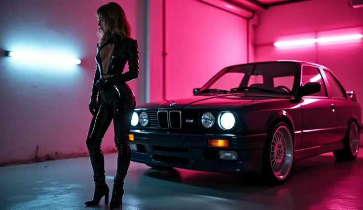 realistic photo , 2 fetish woman standing , wearing shinny pvc jumpsuit , shinny pvc jacket , wearing shinny pvc thigh high boots , shinny pvc long gloves , in garage with bmw m3 e30 , inlighted by neons