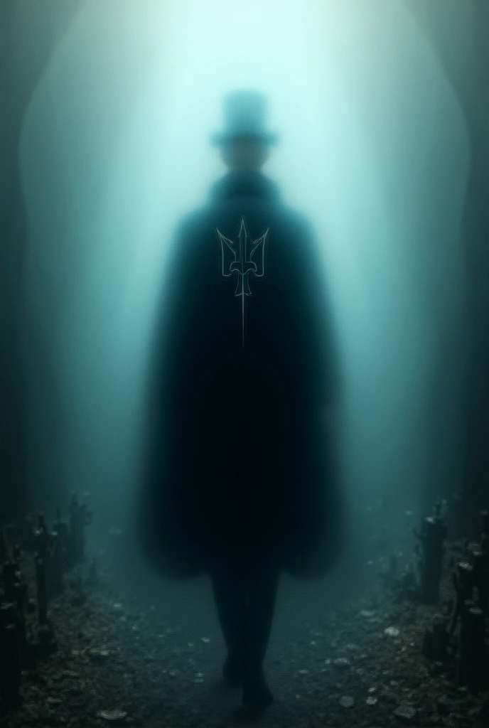 An image of a man wearing a cover and top hat with a trident design on the back of his cape entering a cemetery 