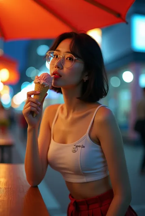  Photo of a beautiful beautiful Asian woman  ,   Scene at a modern ice cream stand opened on the street in Korea its already evening,  the woman is eating ice cream with cones ,  she sits on the chair at a table on the street ,  Moon appearing orange   , t...