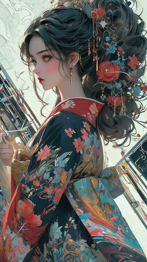 8k,masterpiece,  top quality , １Beautiful women,Correct kimono appearance , The kimono pattern is modern,  Tokyo tower ,32K Wallpaper,  very detailed, Poster, Vintage SF , geometric movie Poster, shape, Abstract, Portfolio, perfection,  detailed face ,  ex...