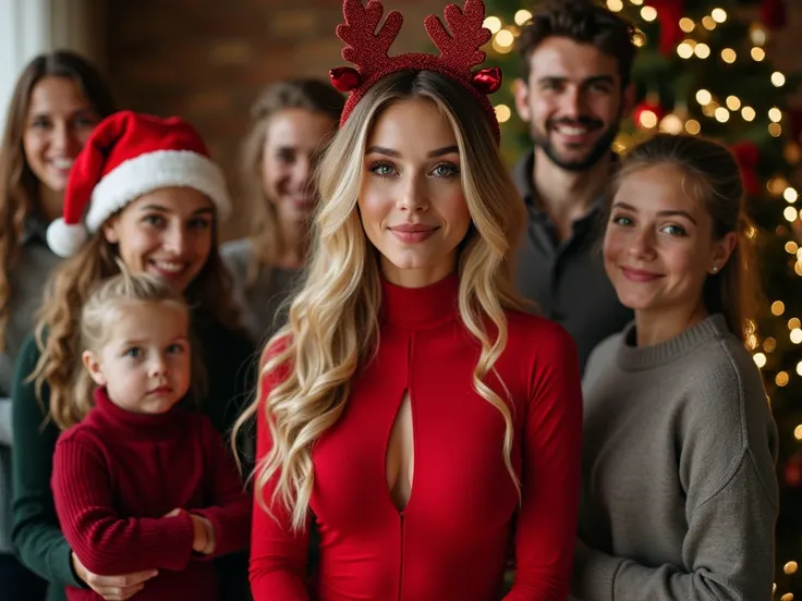 Spanish model,   25 years, blonde,  Blue eyes , delgado, curves,   big and perfect breasts dressed in a tight red dress with a high collar   ,  long-sleeved Bershka with his family about 10 people. Photo with a camera in front of a Christmas tree .  smilin...