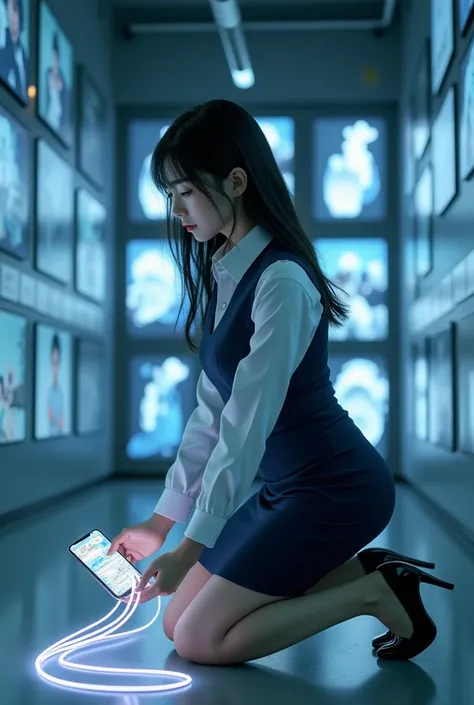 Sexy beautiful Japanese woman, 25 years old, self-defense officer, uniform, navy blue vest, navy blue tie, white shirt, long sleeves, navy blue pencil skirt, beautiful ass, black enamel high heels, Room with many monitors on the wall, woman tries to pick u...