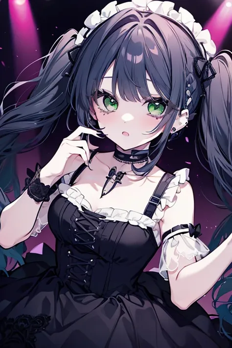 a photorealistic portrait of a beautiful girl with emerald green eyes, deep purple hair in twin tails and braids, wearing a gothic lolita dress with lace fabric, choker, and piercings, confidently singing a rock song on a live stream, with a cool and allur...