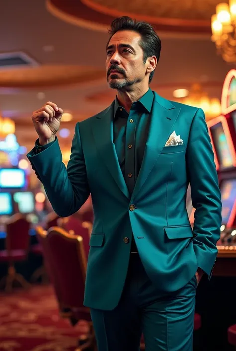 Robert Downey Jr. in Teal Blue Suit, in casino, Bold text with a stereo music type, winning, one hand pointing left