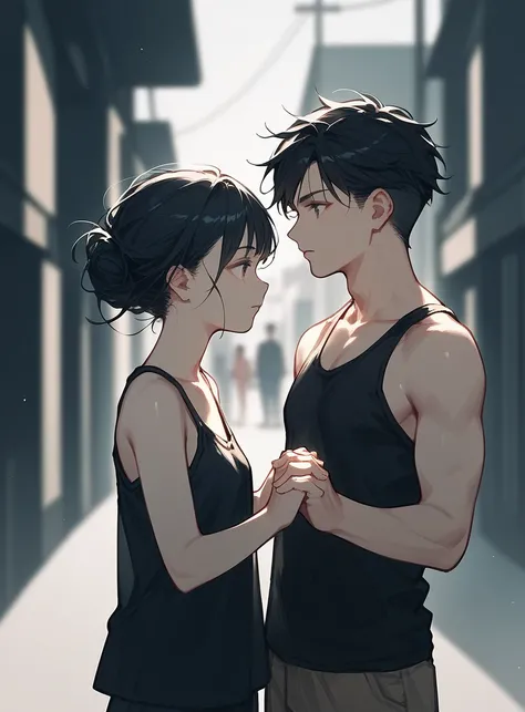 A man and a woman are holding hands as friends. The man has pale skin and messy black hair, dressed in a casual black tank top. The woman has fair skin and dark red hair with uneven bangs, wearing a relaxed, stylish outfit. Their clasped hands reflect a bo...