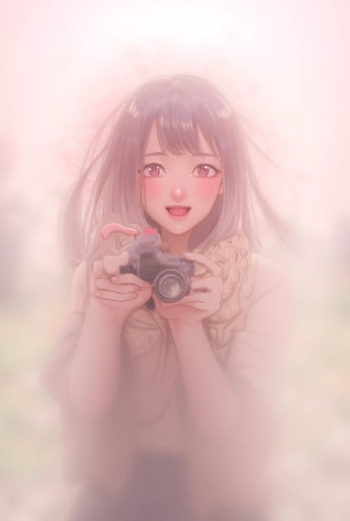 "A cheerful female photographer in anime style, holding a camera towards the lens. The background features an aesthetic spring scene in Japan, with cherry blossoms in full bloom, soft sunlight filtering through trees, and a peaceful, vibrant atmosphere cap...